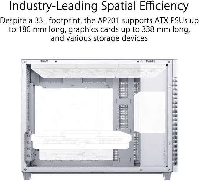 Alt view image 3 of 17 - ASUS Prime AP201 White MicroATX Tempered Glass Edition Supports Graphics Cards up to 338mm, 360mm Coolers, & Standard ATX PSUs, Tool-Free Side Panels, Tempered Glass Side & Front Panel USB Type-C®