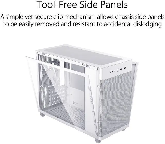 Alt view image 5 of 17 - ASUS Prime AP201 White MicroATX Tempered Glass Edition Supports Graphics Cards up to 338mm, 360mm Coolers, & Standard ATX PSUs, Tool-Free Side Panels, Tempered Glass Side & Front Panel USB Type-C®