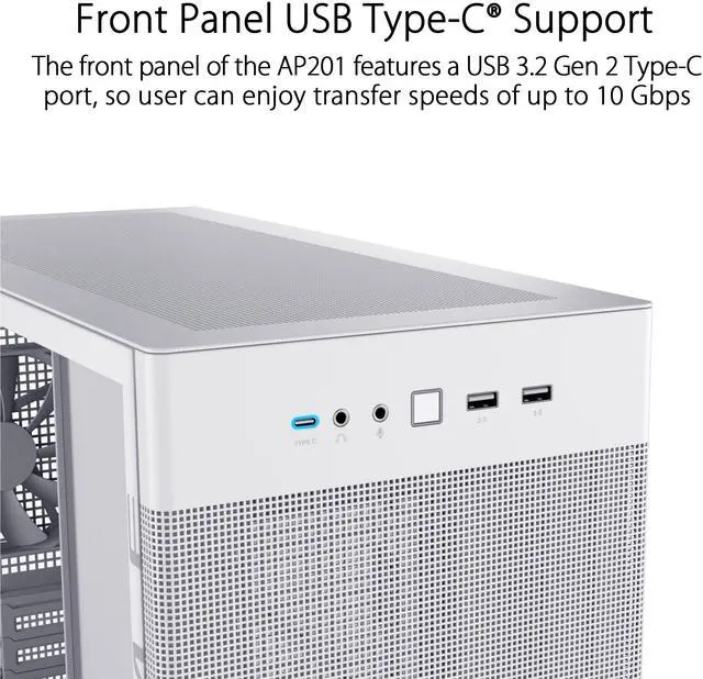 Alt view image 7 of 17 - ASUS Prime AP201 White MicroATX Tempered Glass Edition Supports Graphics Cards up to 338mm, 360mm Coolers, & Standard ATX PSUs, Tool-Free Side Panels, Tempered Glass Side & Front Panel USB Type-C®