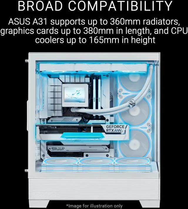 Alt view image 3 of 15 - ASUS A31 White ATX Mid-Tower Gaming Case, Dual-sided tempered glass, Frameless Design, BTF Hidden Connectors, 360 AIO Support, 8° Angled Base, ARGB Ready, Optimized Airflow, Seamless Cable Management