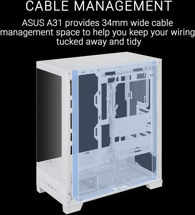 Alt view image 5 of 15 - ASUS A31 White ATX Mid-Tower Gaming Case, Dual-sided tempered glass, Frameless Design, BTF Hidden Connectors, 360 AIO Support, 8° Angled Base, ARGB Ready, Optimized Airflow, Seamless Cable Management