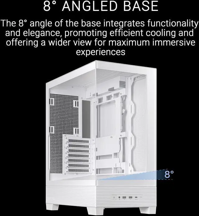 Alt view image 6 of 15 - ASUS A31 White ATX Mid-Tower Gaming Case, Dual-sided tempered glass, Frameless Design, BTF Hidden Connectors, 360 AIO Support, 8° Angled Base, ARGB Ready, Optimized Airflow, Seamless Cable Management
