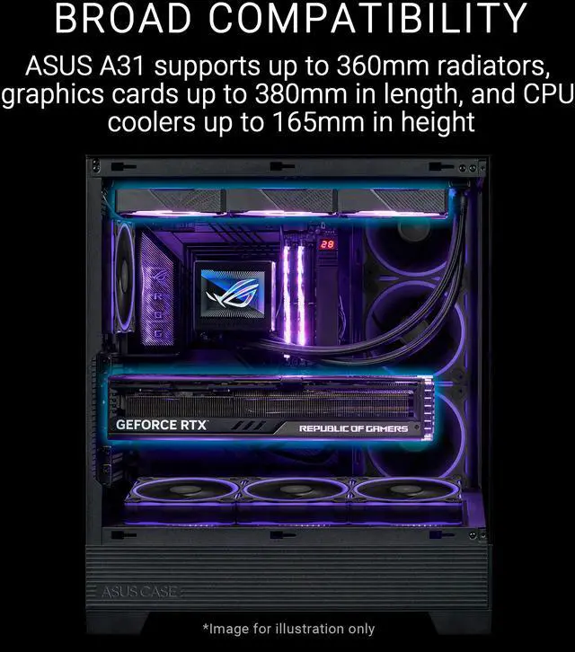 Alt view image 3 of 15 - ASUS A31 Black ATX Mid-Tower Gaming Case, Dual-sided tempered glass, Frameless Design, BTF Hidden Connectors, 360 AIO Support, 8° Angled Base, ARGB Ready, Optimized Airflow, Seamless Cable Management