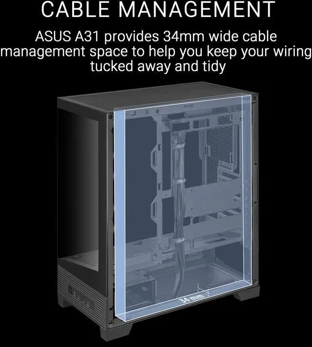 Alt view image 5 of 15 - ASUS A31 Black ATX Mid-Tower Gaming Case, Dual-sided tempered glass, Frameless Design, BTF Hidden Connectors, 360 AIO Support, 8° Angled Base, ARGB Ready, Optimized Airflow, Seamless Cable Management