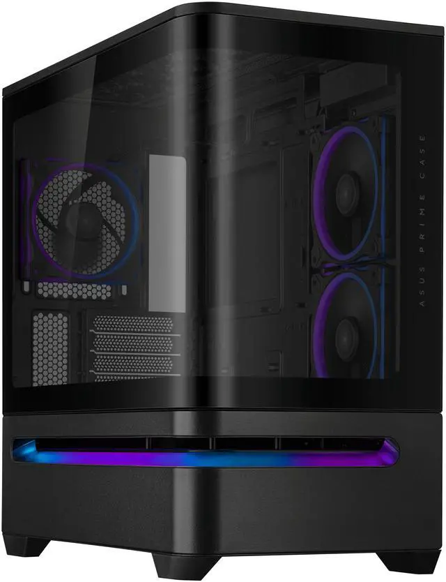 Main image of ASUS Prime AP202 ARGB Black mATX case with fully tempered curved glass, supports graphics cards up to 420mm long, 360mm long radiators, easy-detach rail, patented slot vent, built-in three ARGB fans