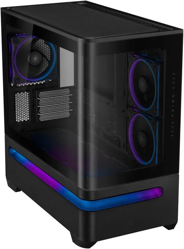 Alt view image 3 of 20 - ASUS Prime AP202 ARGB Black mATX case with fully tempered curved glass, supports graphics cards up to 420mm long, 360mm long radiators, easy-detach rail, patented slot vent, built-in three ARGB fans