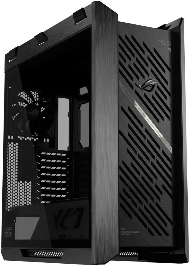 Main image of The ASUS ROG Strix Helios II is an EATX mid-tower gaming PC case featuring dual tempered glass panels and an aluminum diamond-grille design, four pre-installed fans for advanced cooling, and support for GPUs up to 450mm. It also includes a