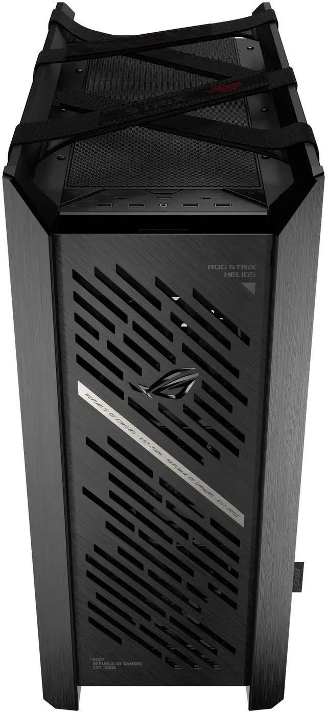 Alt view image 5 of 19 - The ASUS ROG Strix Helios II is an EATX mid-tower gaming PC case featuring dual tempered glass panels and an aluminum diamond-grille design, four pre-installed fans for advanced cooling, and support for GPUs up to 450mm. It also includes a