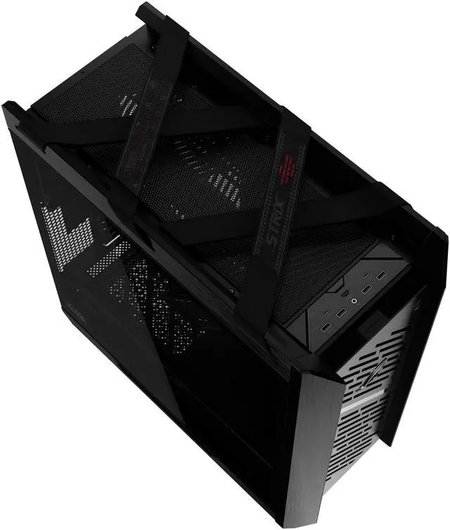 Alt view image 12 of 19 - The ASUS ROG Strix Helios II is an EATX mid-tower gaming PC case featuring dual tempered glass panels and an aluminum diamond-grille design, four pre-installed fans for advanced cooling, and support for GPUs up to 450mm. It also includes a