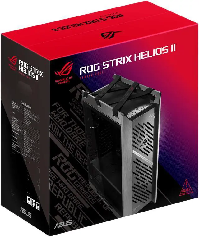 Alt view image 18 of 19 - The ASUS ROG Strix Helios II is an EATX mid-tower gaming PC case featuring dual tempered glass panels and an aluminum diamond-grille design, four pre-installed fans for advanced cooling, and support for GPUs up to 450mm. It also includes a