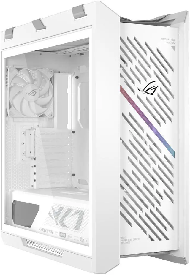 Alt view image 2 of 20 - The ASUS ROG Strix Helios II White Edition is an EATX mid-tower gaming PC case featuring dual tempered glass panels and an aluminum diamond-grille design, four pre-installed fans for advanced cooling, and support for GPUs up to 450mm. It al