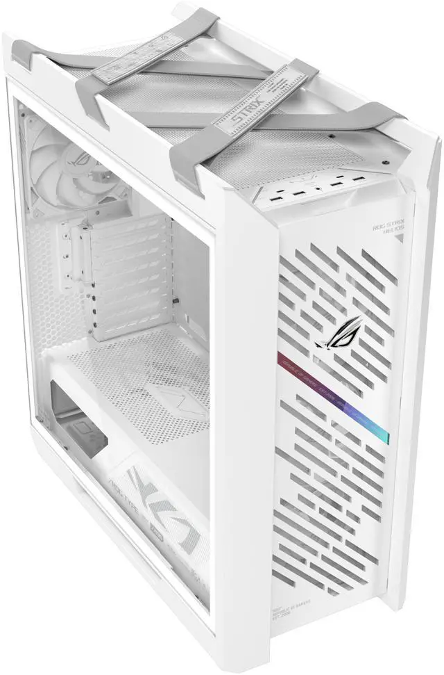 Alt view image 3 of 20 - The ASUS ROG Strix Helios II White Edition is an EATX mid-tower gaming PC case featuring dual tempered glass panels and an aluminum diamond-grille design, four pre-installed fans for advanced cooling, and support for GPUs up to 450mm. It al