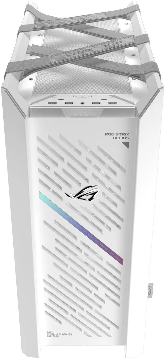 Alt view image 5 of 20 - The ASUS ROG Strix Helios II White Edition is an EATX mid-tower gaming PC case featuring dual tempered glass panels and an aluminum diamond-grille design, four pre-installed fans for advanced cooling, and support for GPUs up to 450mm. It al