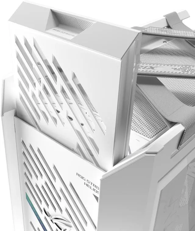 Alt view image 9 of 20 - The ASUS ROG Strix Helios II White Edition is an EATX mid-tower gaming PC case featuring dual tempered glass panels and an aluminum diamond-grille design, four pre-installed fans for advanced cooling, and support for GPUs up to 450mm. It al