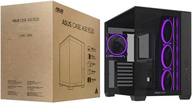 Alt view image 16 of 16 - ASUS A32 PLUS Black ATX gaming PC case, support 360mm radiators and 420mm graphics cards, dual-chamber chassis for independent cooling zones, four pre-installed ARGB fans and clean cable management