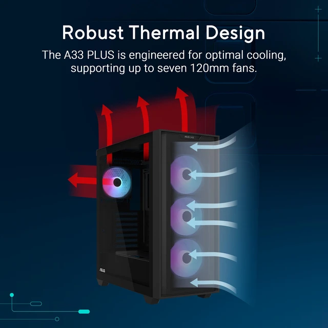 Alt view image 6 of 9 - ASUS A33 PLUS ATX Mid-tower PC Gaming Case (x4) Pre-Installed ARGB Fans, Radiators up to 360mm, GPU's up to 395mm - Black - A33 PLUS TG ARGB BLACK