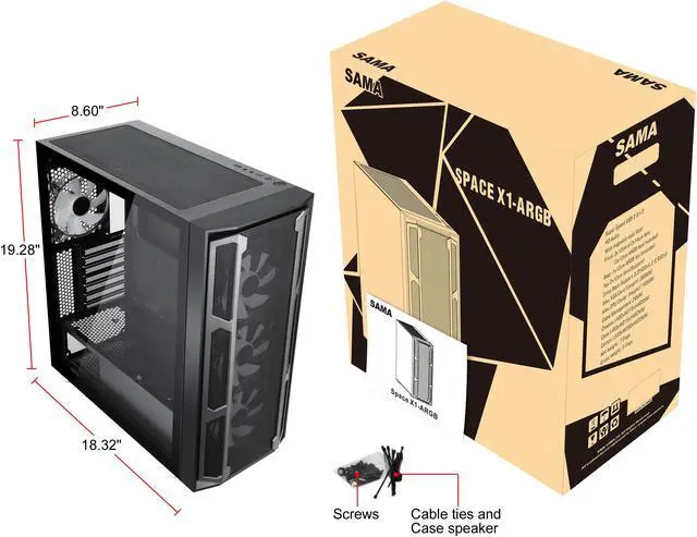 Alt view image 20 of 20 - SAMA Space X1-ARGB Black Steel / Tempered Glass ATX Mid Tower Computer Case with 4 x 120mm ARGB LED Fans Pre-Installed