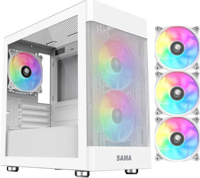 Main image of Sama ARGB-Q5-W White USB3.0 Tempered Glass Micro ATX Tower Gaming Computer Case w/  3 x 120mm ARGB Fans (Pre-Installed)