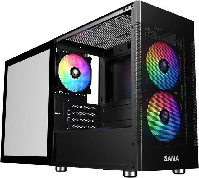 Alt view image 10 of 15 - Sama ARGB-Q5-BK Black USB3.0 Tempered Glass Micro ATX Tower Gaming Computer Case w/  3 x 120mm ARGB Fans (Pre-Installed)