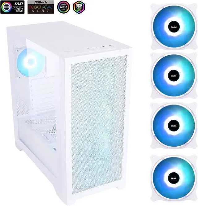 Main image of Sama 4501-White Dual USB3.0 and Type C Tempered Glass ATX Full Tower Gaming Computer Case w/ 4 x 120mm ARGB Fans (3 x MB Side, 1 x Rear) Pre-Installed