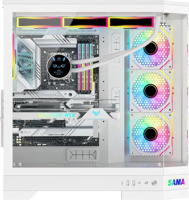 Alt view image 7 of 10 - Sama 3021-White Dual USB3.0 and Type C Tempered Glass ATX Full Tower Gaming Computer Case w/ 4 x 120mm ARGB Fans (3 x MB Side, 1 x Rear) Pre-Installed