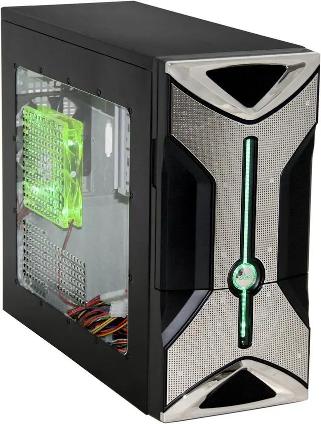 Alt view image 2 of 13 - XION Onyx XON-301 Black Steel ATX Mid Tower Computer Case with Stylish LED Power switch and unique 140mm Green LED Fan