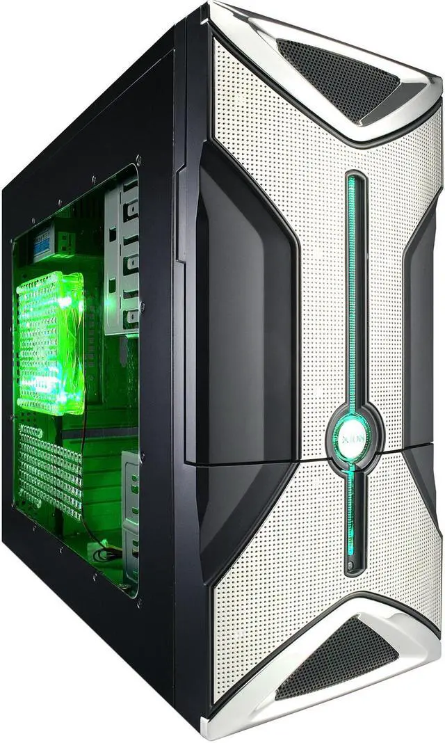 Main image of XION Onyx XON-301 Black Steel ATX Mid Tower Computer Case with Stylish LED Power switch and unique 140mm Green LED Fan