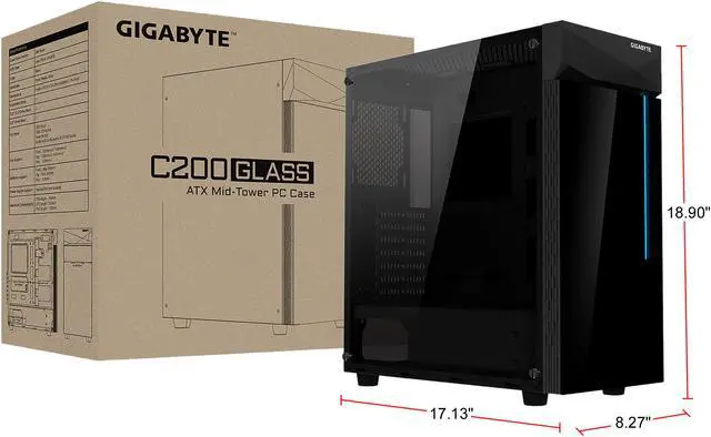 Alt view image 12 of 12 - GIGABYTE C200 GLASS - Black Mid Tower PC Gaming Case, Tempered Glass, PSU Shroud (GB-C200G)