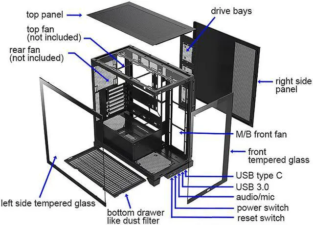 Alt view image 9 of 13 - Bgears b-Pellucid ATX Black Middle Tower ATX Tempered Glass Slim Mid Tower Crystal-Clear View with In?nity Tempered Glass Design