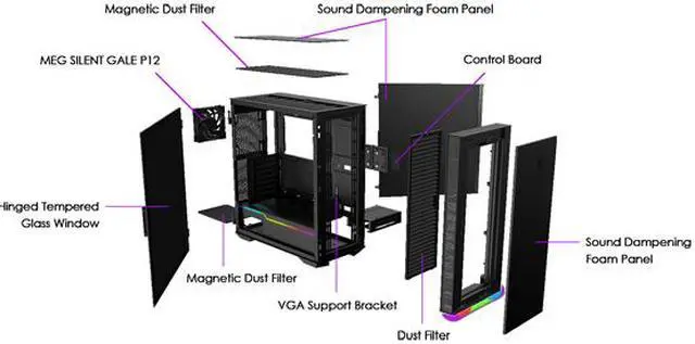 Alt view image 12 of 17 - MSI MPG QUIETUDE 100S Black SPCC Steel / Laminated Tempered Glass ATX Mid Tower Computer Case