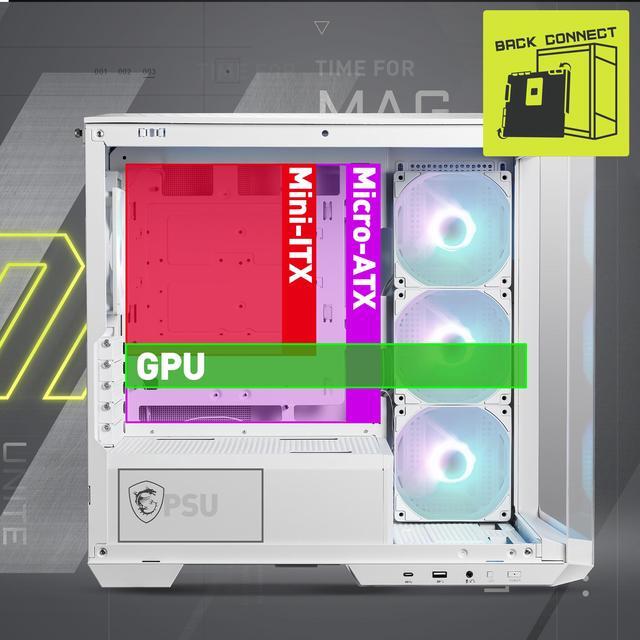 Alt view image 7 of 11 - MSI MAG PANO M100R PZ White Micro-ATX PC Case - Supports Back-Connect Motherboard, 4 ARGB Fans, Lighting Hub, GPU Support Stand, Dust Filters, USB Type-C (20Gbps), 270-degree Panoramic Display