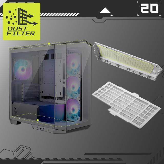 Alt view image 12 of 11 - MSI MAG PANO M100R PZ White Micro-ATX PC Case - Supports Back-Connect Motherboard, 4 ARGB Fans, Lighting Hub, GPU Support Stand, Dust Filters, USB Type-C (20Gbps), 270-degree Panoramic Display