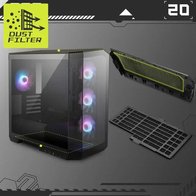 Alt view image 6 of 11 - MSI MAG PANO M100R PZ Micro-ATX PC Case - Supports Back-Connect Motherboard, 4 ARGB Fans, Lighting Hub, GPU Support Stand, Dust Filters, USB Type-C (20Gbps), 270-degree Panoramic Display