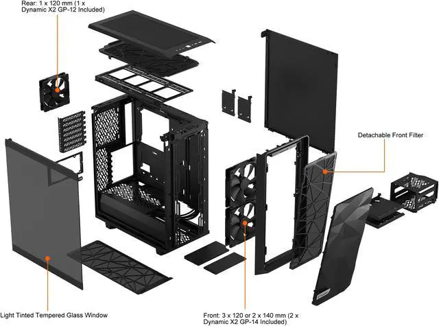 Alt view image 16 of 18 - Fractal Design Meshify 2 Compact Black ATX Flexible High-Airflow Light Tinted Tempered Glass Window Mid Tower Computer Case