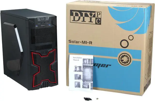 Alt view image 9 of 9 - DIYPC Solar-M1-R Black/Red SECC ATX Mid Tower USB 3.0 Gaming Computer Case w/ 2 x 120mm Red Fans