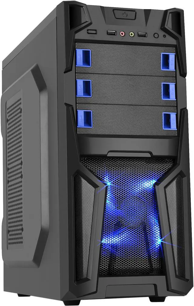 Main image of DIYPC Solo-T1-BK Black USB 3.0 ATX Mid Tower Gaming Computer Case with 2 x Blue Fans (1 x 120mm LED fan x front, 1 x 120mm fan x rear) Pre-installed