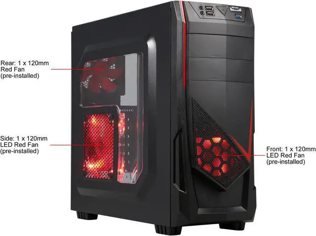 Alt view image 2 of 14 - DIYPC Ranger-R4-R Black/Red USB 3.0 ATX Mid Tower Gaming Computer Case with 3 x Red Fans (1 x 120mm Side LED Fan, 1 x 120mm Front LED Fan, 1 x 120mm Rear Fan)
