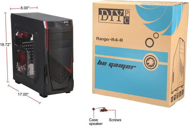 Alt view image 14 of 14 - DIYPC Ranger-R4-R Black/Red USB 3.0 ATX Mid Tower Gaming Computer Case with 3 x Red Fans (1 x 120mm Side LED Fan, 1 x 120mm Front LED Fan, 1 x 120mm Rear Fan)