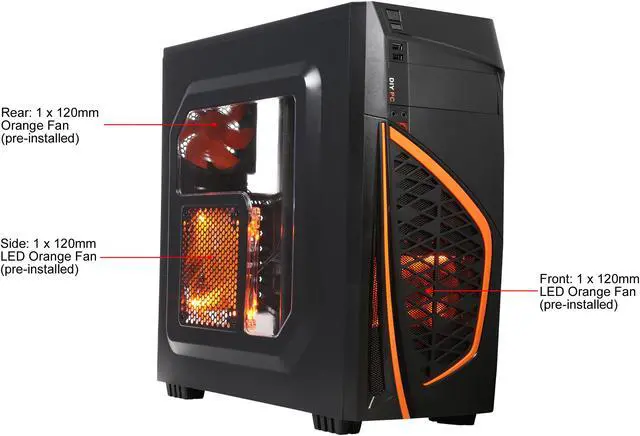 Alt view image 2 of 14 - DIYPC Zondda-O Black USB 3.0 ATX Mid Tower Gaming Computer Case with 3 x Orange Fans (1 x 120mm LED Fan x Side, 1 x 120mm LED Fan x Front, 1 x 120mm Fan x Rear)