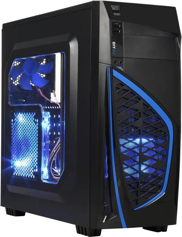 Main image of DIYPC Zondda-B Black USB 3.0 ATX Mid Tower Gaming Computer Case with 3 x Blue Fans (1 x 120mm LED Fan x Side, 1 x 120mm LED Fan x Front, 1 x 120mm Fan x Rear)