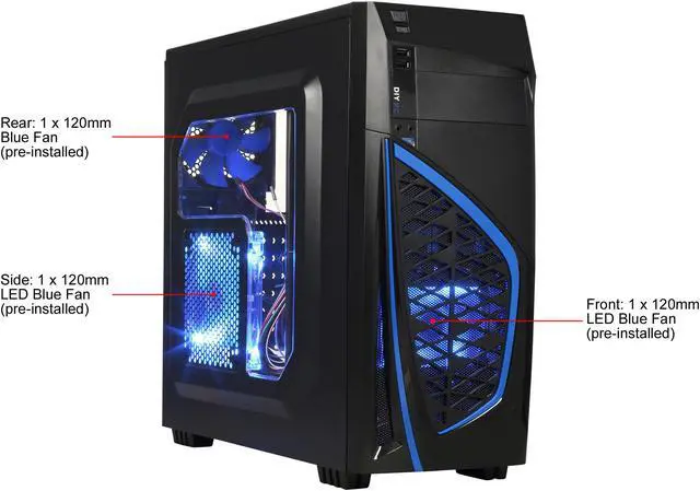 Alt view image 2 of 14 - DIYPC Zondda-B Black USB 3.0 ATX Mid Tower Gaming Computer Case with 3 x Blue Fans (1 x 120mm LED Fan x Side, 1 x 120mm LED Fan x Front, 1 x 120mm Fan x Rear)