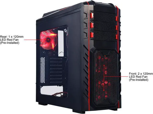 Alt view image 2 of 16 - DIYPC Skyline-06-WR Black/Red Dual USB 3.0 ATX Full Tower Gaming Computer Case with 5 x 120mm Red Fans, Hot Swap Docking