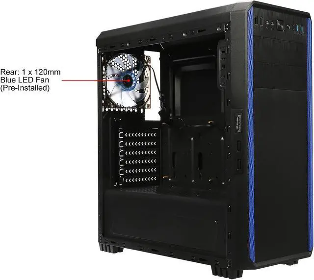Alt view image 3 of 13 - DIYPC J180-BL Black Dual USB 3.0 ATX Mid Tower Gaming Computer Case with Build-in 2 x Fans (1 x 120mm Fan x Front, 1 x 120mm Blue LED Fan x Rear)
