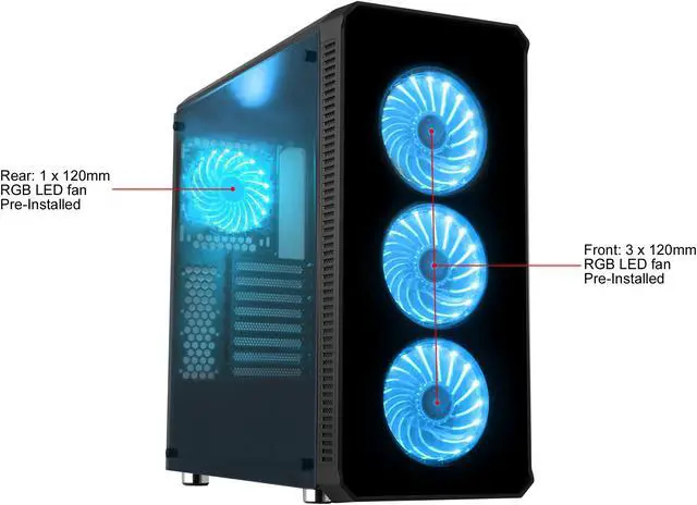 Alt view image 7 of 20 - DIYPC Vanguard-RGB Black Dual USB3.0 Steel/ Tempered Glass ATX Mid Tower Gaming Computer Case w/Tempered Glass Panels (Front and Both Sides) and Pre-Installed 4 x RGB LED Fans (7 Different Color in 3 Mode Control)