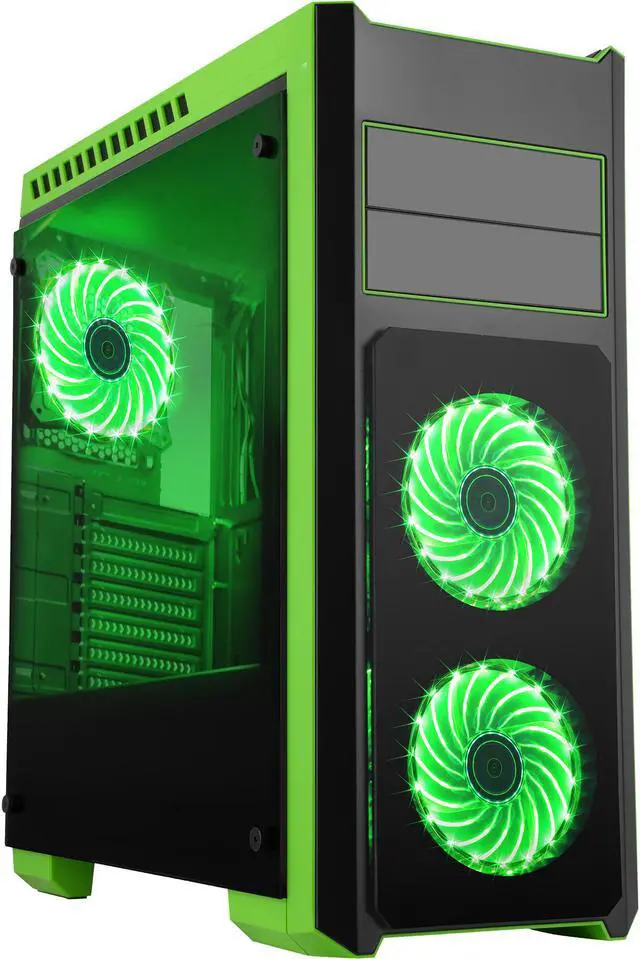Main image of DIYPC DIY-TG8-BG Black/Green Dual USB3.0 Steel/ Tempered Glass ATX Mid Tower Gaming Computer Case w/Tempered Glass Panels (Front, Top and Both Sides) and Pre-Installed 3 x Green 33LED Light Fan