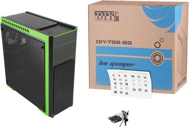 Alt view image 14 of 15 - DIYPC DIY-TG8-BG Black/Green Dual USB3.0 Steel/ Tempered Glass ATX Mid Tower Gaming Computer Case w/Tempered Glass Panels (Front, Top and Both Sides) and Pre-Installed 3 x Green 33LED Light Fan