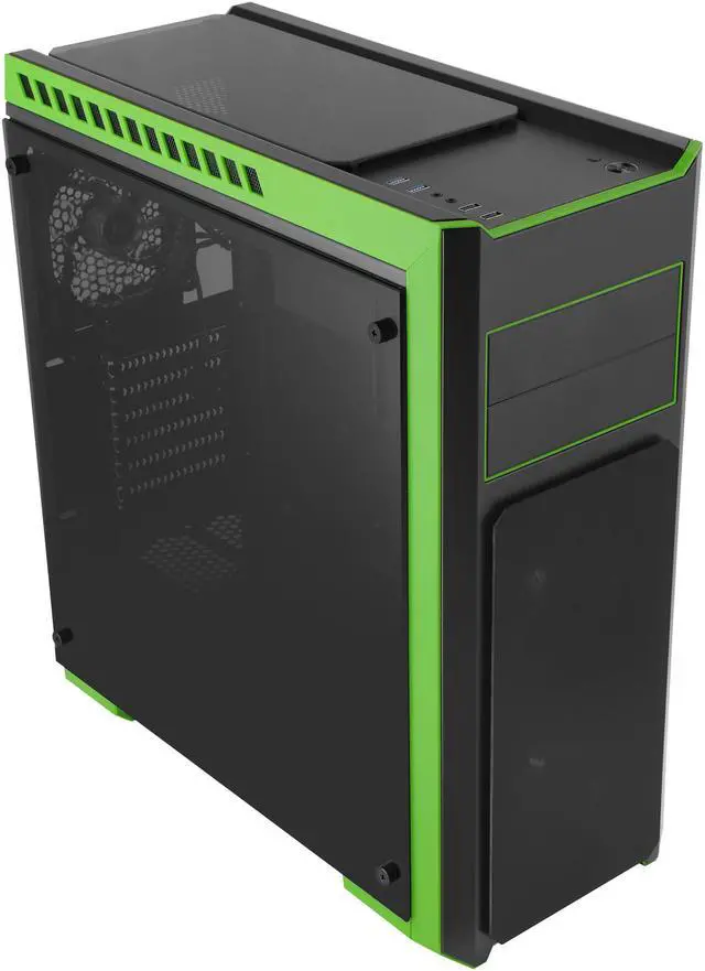 Alt view image 4 of 15 - DIYPC DIY-TG8-BG Black/Green Dual USB3.0 Steel/ Tempered Glass ATX Mid Tower Gaming Computer Case w/Tempered Glass Panels (Front, Top and Both Sides) and Pre-Installed 3 x Green 33LED Light Fan