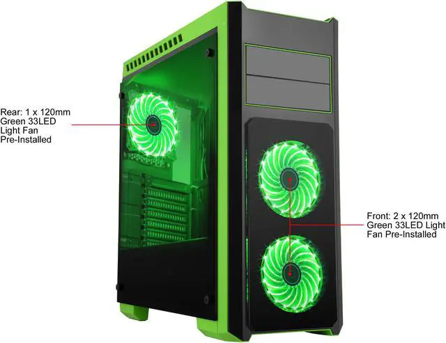 Alt view image 2 of 15 - DIYPC DIY-TG8-BG Black/Green Dual USB3.0 Steel/ Tempered Glass ATX Mid Tower Gaming Computer Case w/Tempered Glass Panels (Front, Top and Both Sides) and Pre-Installed 3 x Green 33LED Light Fan