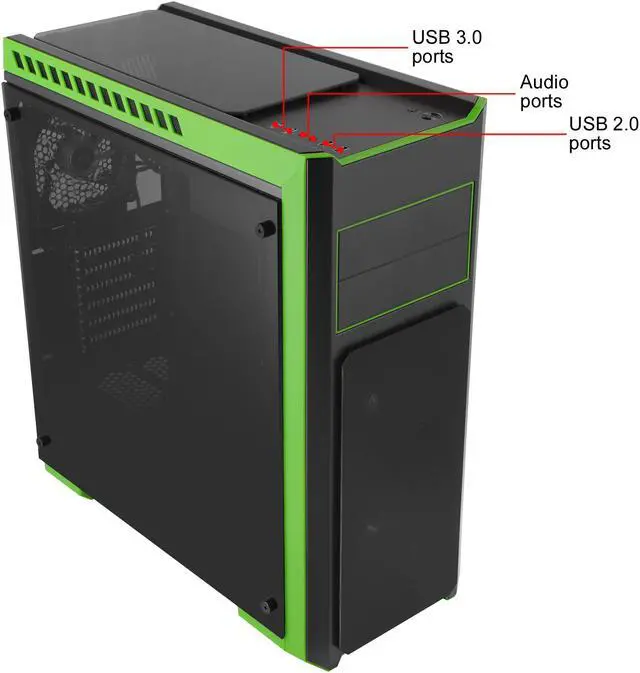 Alt view image 5 of 15 - DIYPC DIY-TG8-BG Black/Green Dual USB3.0 Steel/ Tempered Glass ATX Mid Tower Gaming Computer Case w/Tempered Glass Panels (Front, Top and Both Sides) and Pre-Installed 3 x Green 33LED Light Fan
