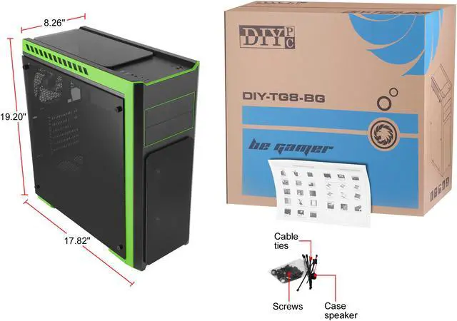 Alt view image 15 of 15 - DIYPC DIY-TG8-BG Black/Green Dual USB3.0 Steel/ Tempered Glass ATX Mid Tower Gaming Computer Case w/Tempered Glass Panels (Front, Top and Both Sides) and Pre-Installed 3 x Green 33LED Light Fan
